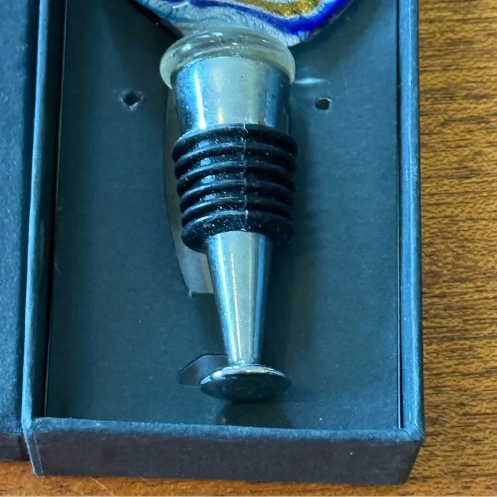 NIB Dennis East Wine Bottle Stopper Glass Colbalt Blue Gold and Turquoise